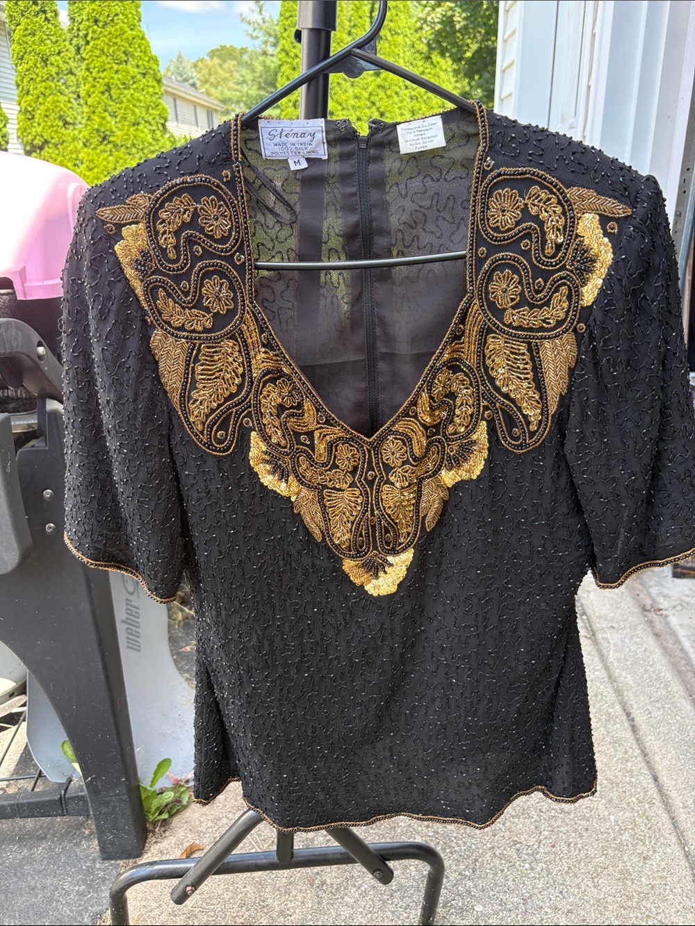 Stenay Black Beaded Silk Top with Gold Embroidered V-Neck Accents